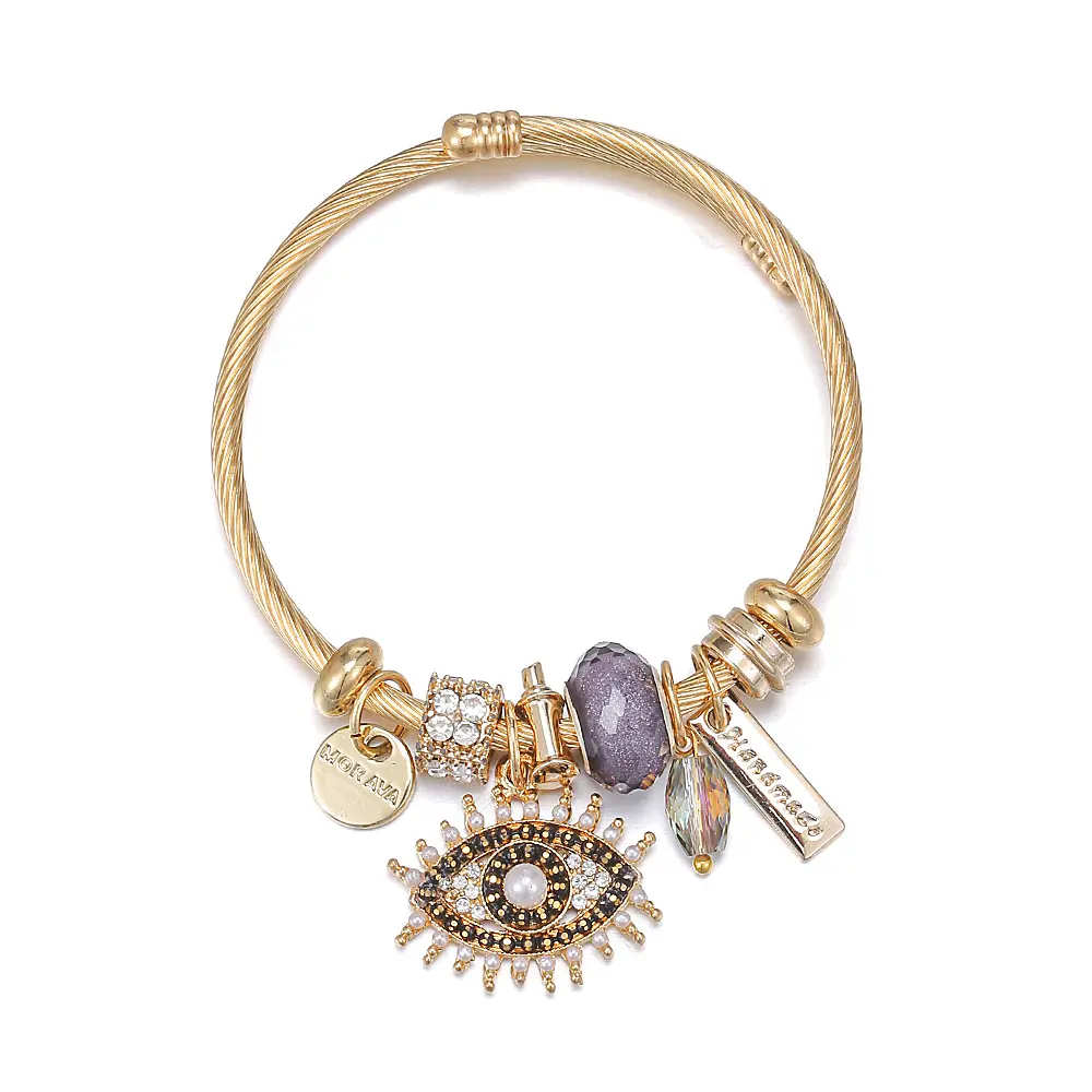 Raymoon Elegant golden charm bracelet, fashion DIY Evil Eye pendant stainless steel bangle for women, stylish lipstick bead bracelet with beads and crystals, suitable for women