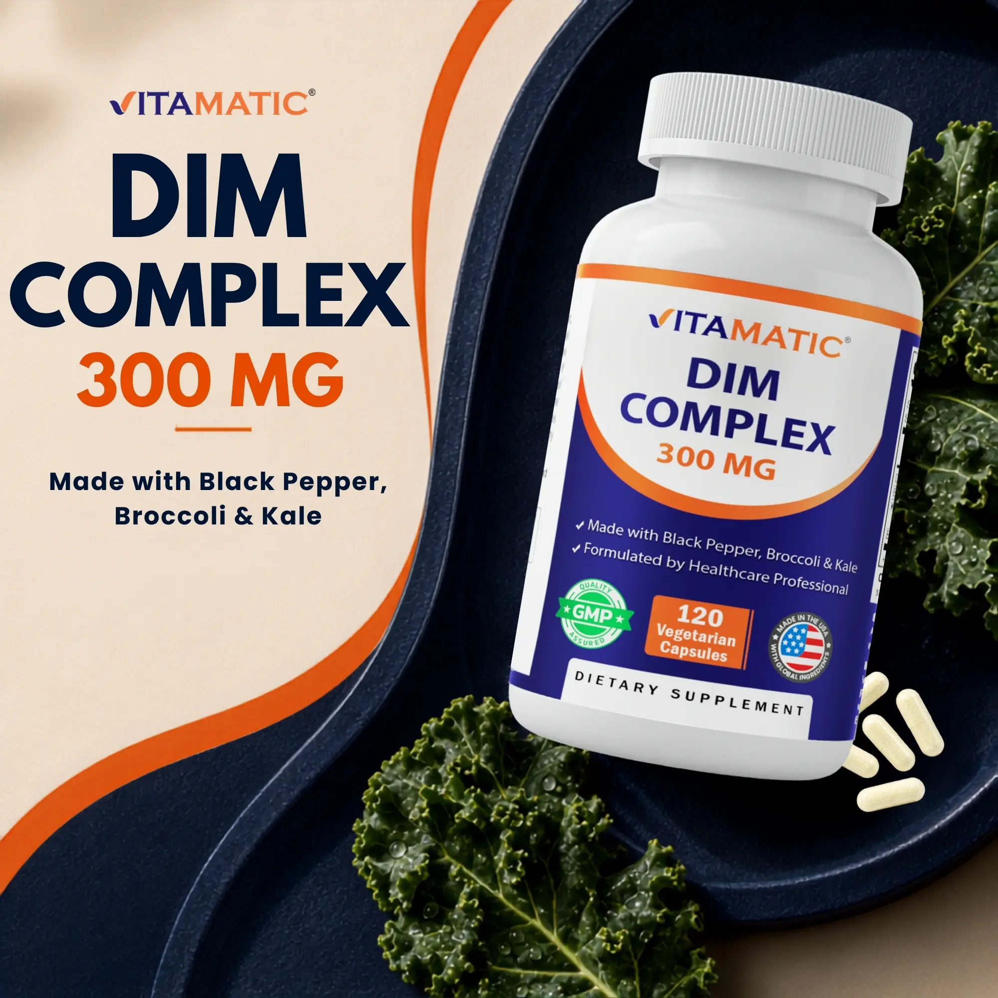 Vitamatic DIM Dietary Supplement Complex for Women & Adults - 300mg, 120 Veg Capsules - with Black Pepper, Broccoli Powder, Kale Powder - Gluten-Free Healthcare Edible Supplement, Vitamins for Women