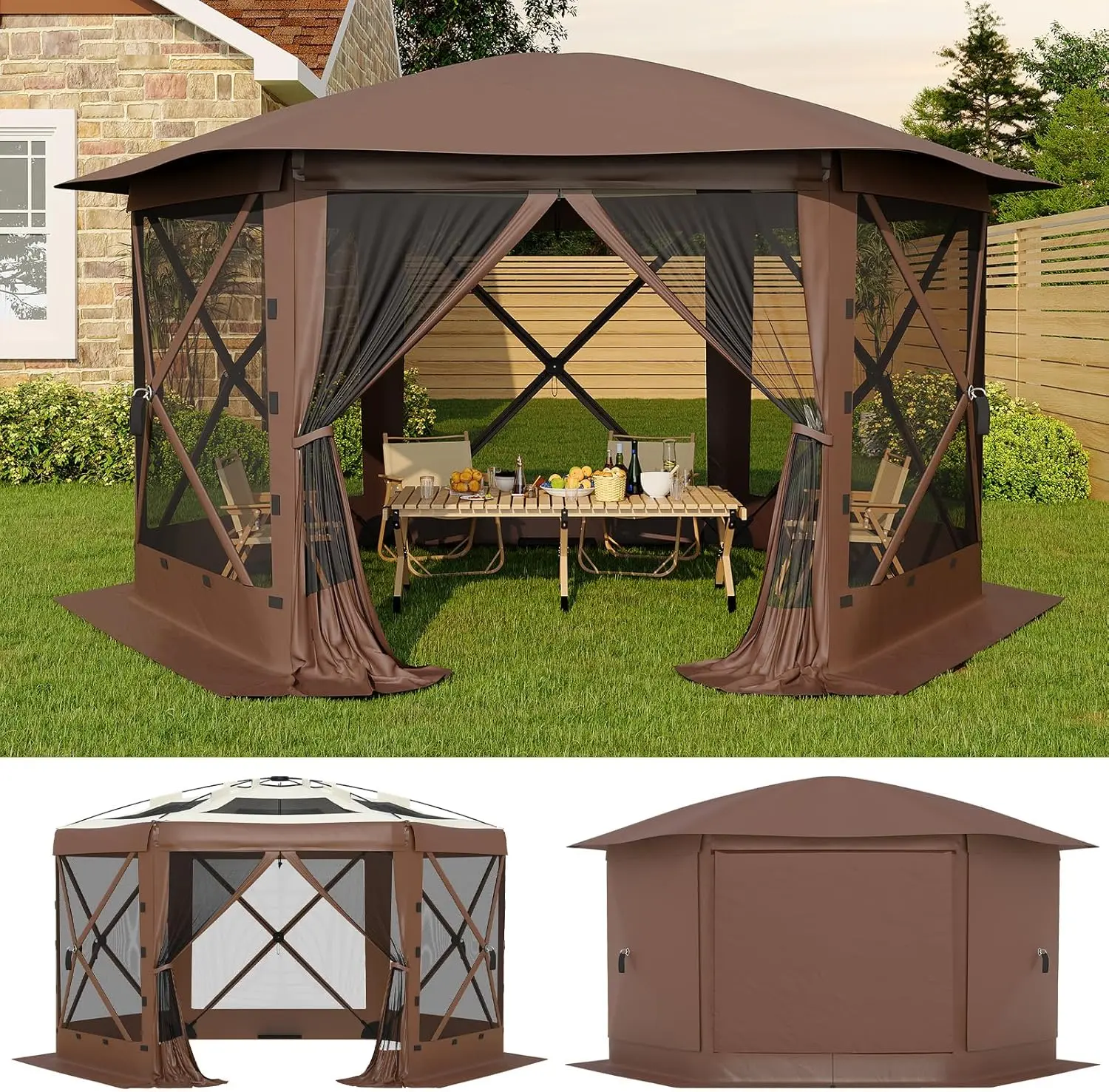 11.5x11.5FT 6-Sided Pop Up Gazebo Tent，One-Push Setup Canopy Tent with Mesh Panels & Removable Wind Cloths, Outdoor shelter for Camping, Backyard Parties, Outdoor Events