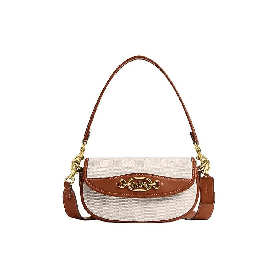 COACH Harley 23 Logo Fabric and Cowhide Tote Bag for Women, Small Size, Brass Tone