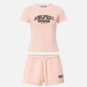 Aelfric Eden Women's 2-Piece Cute Clothes Set - Matching Round Neck Shortsleeve Slim Cropped Tee & High Waisted Drawstring Elastic Waist Shorts, Soft Cotton Vintage Casual Streetwear for Everyday Wear (Women's Clothes)