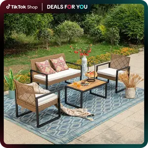 Phi Villa 4-Piece Patio Conversation Set - Wicker Chairs, Acacia Wood Coffee Table, Solid Wood Tabletop, Durable & Stylish Outdoor Design Furniture, Deals for You