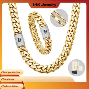 14k Gold Cuban Link Set with Zircon Clasp, Waterproof & Tarnish Free, Hypoallergenic