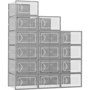 Shoe Box, 15 Pack Clear Stackable Shoe Organizer for Closet, Interlocking Shoe Container Bins for Sneakers, Foldable Shoe Rack with Lids, Gray