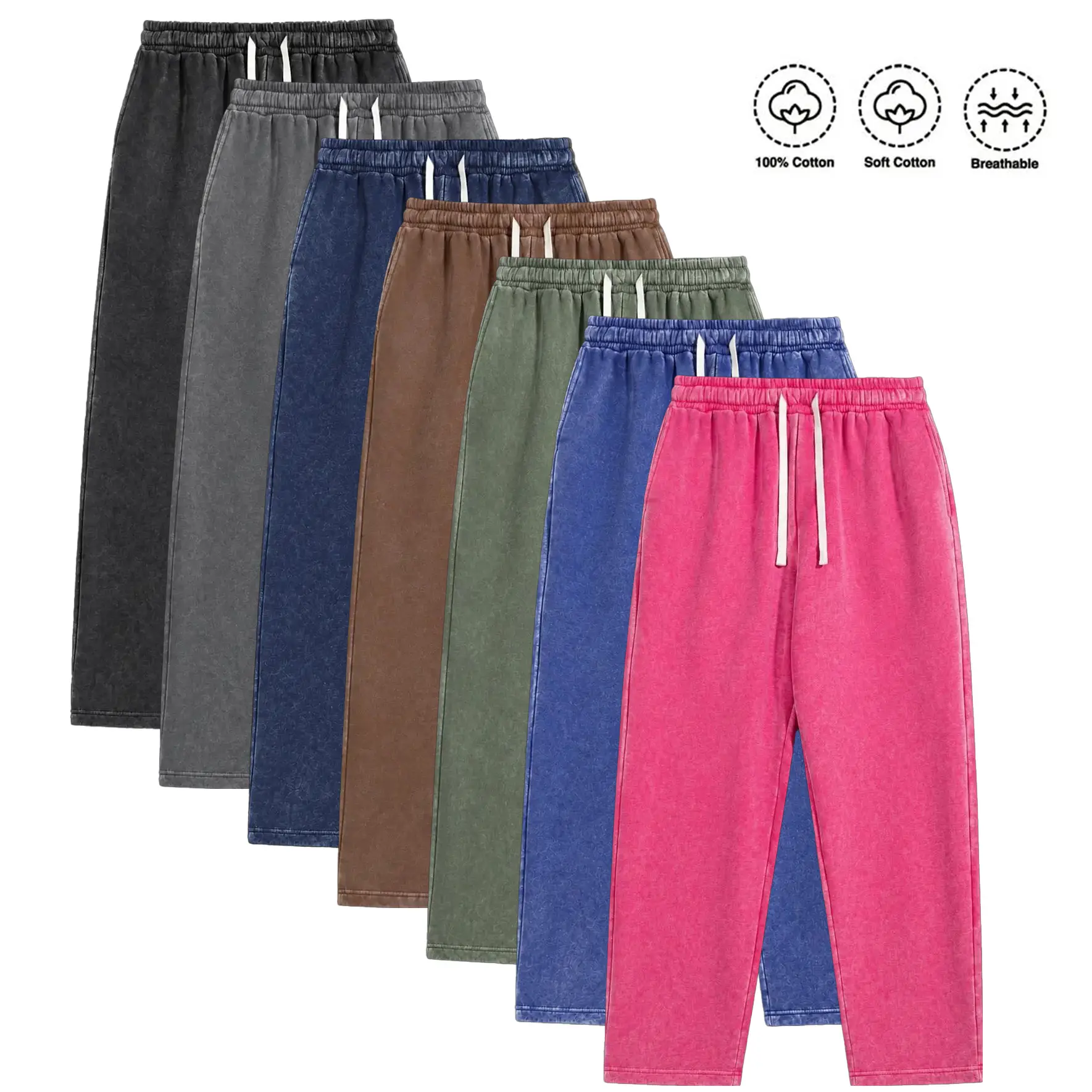 Men’s solid-color acid-wash cotton fleece sweatpants for autumn/winter, straight-leg long pants with a water-washed finish and premium cotton feel; women’s long pants; campus style; suitable for cold seasons; all-season wear. athleisure Wide Baggy Black 
