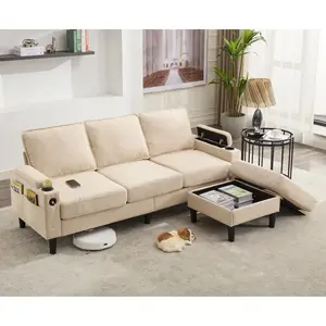 High end and high-quality sofa,beige color knock down 3-seat combo sofa with storage ottoman  for living room apartment  bedroom and compact room, Upholstered sectional Couch, L Shaped  Bench with a footrest, a individual sto couch