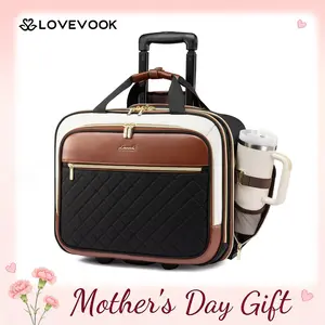 【Mother's Day Gift】Rolling Laptop Bag Women, 17.3 Inch Laptop Briefcase with Wheels, Soft Sided Underseat Carry On Luggage Personal Item Suitcase for Work Travel Business, Black Brown Tiktokshopstockup