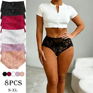8pcs Solid Color Sexy Lace Mesh Women’s Panties — Soft, Breathable, Butt-Lifting, Tummy Control, High-Waisted Triangle Briefs for Everyday Wear & Dates
