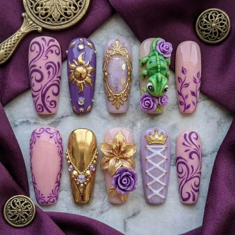 Princess Vibe Press On Nails 3D Glam Floral Chameleon Purple Fantasy Fairy