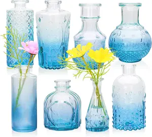 Brajttt Set of 8 Blue Glass Bud Vases – Artistic Mini Vases for Home, Office, Wedding Decor
