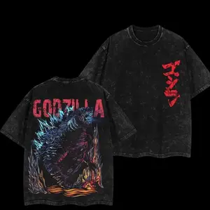 Vintage Black Washed Godzilla T-Shirt, Front Japanese Kanji Logo & Back Full Kaiju Monster Print, Oversized Unisex Tee for Monster Fans & Street Style