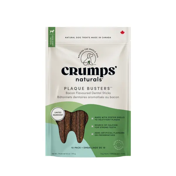 212 MAIN Crumps Naturals 7-in. Bacon Dog Dental Sticks, Pack of 8, Plaque Removal, Tartar Control, Digestible, Oyster Shell Infused