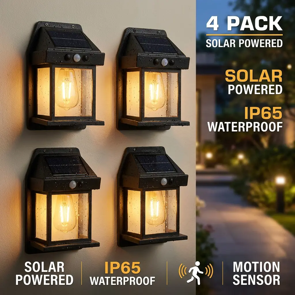 4 Pack Solar Outdoor Wall Lights with Motion Sensor,Waterproof IP65 Garden Security Lighting, 3 Modes AutoDusk to Dawn, Wireless Decorative Lamp for Patio, Villa,Pathway