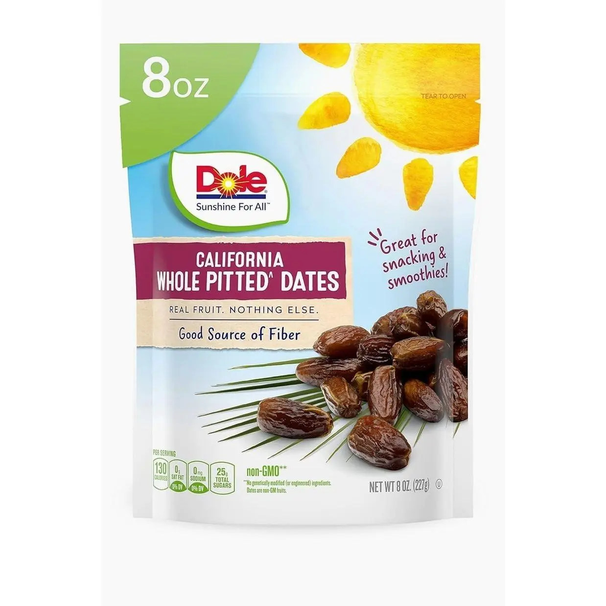 Dole California Whole Pitted Dates, Dried Fruit, Gluten Free Snack, 8 Oz Bag