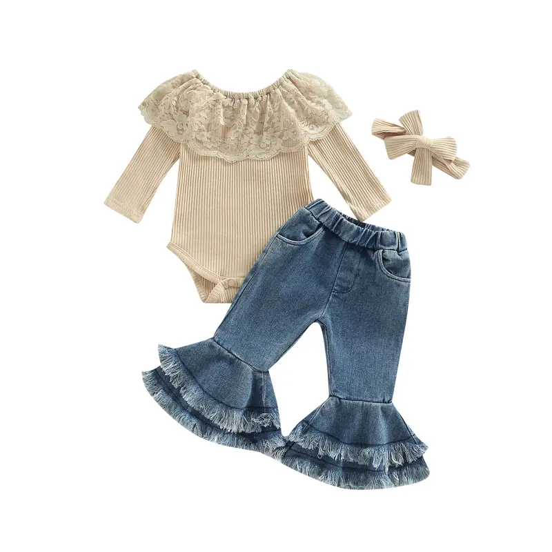 REDWOON Infant Baby Girl Fall Winter Clothes Lace Ribbed Romper Denim Bell Bottoms with Headband Boho Outfit 3Pcs Set