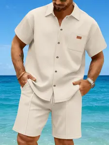 Men's Summer Waffle Knit Short Sleeve Shirt & Shorts Matching Set, Casual Loose Fit Vacation, Breathable Quick Dry Beachwear, Beige