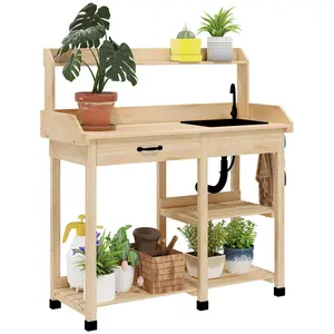 Natural solid fir wood outdoor potting bench with removable sink faucet multi storage space for backyard plant cultivation daily work