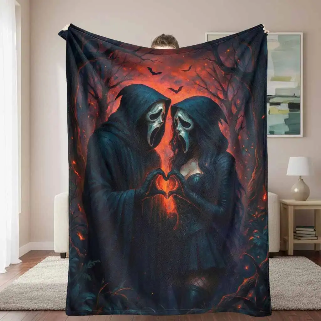 Hooded Lovers Flannel Blanket, Gothic Romance Print, Soft Cozy Lightweight All Season Body-Warming Dark Decorative Blanket for Sofa, Bedroom, Anniversary Gift, All Season Blankets, Body-Warming Blankets