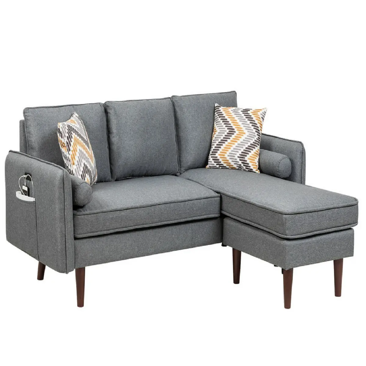 Vizela Gray Linen Sectional Sofa with USB Charging Ports and Pillows