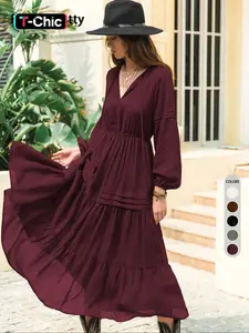 Women's Lantern Sleeve A-Line Ruffle Vneck Maxi Dress, Spring & Summer Casual Wear Fitted Long Dress, Plain Woven Fabric, Perfect for Outdoor Holidays