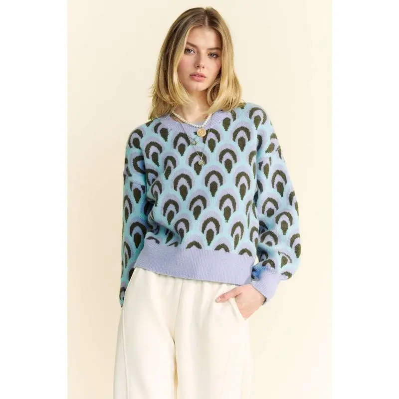 Davi & Dani Scale Jacquard Round Neck Drop Shoulder Sweater