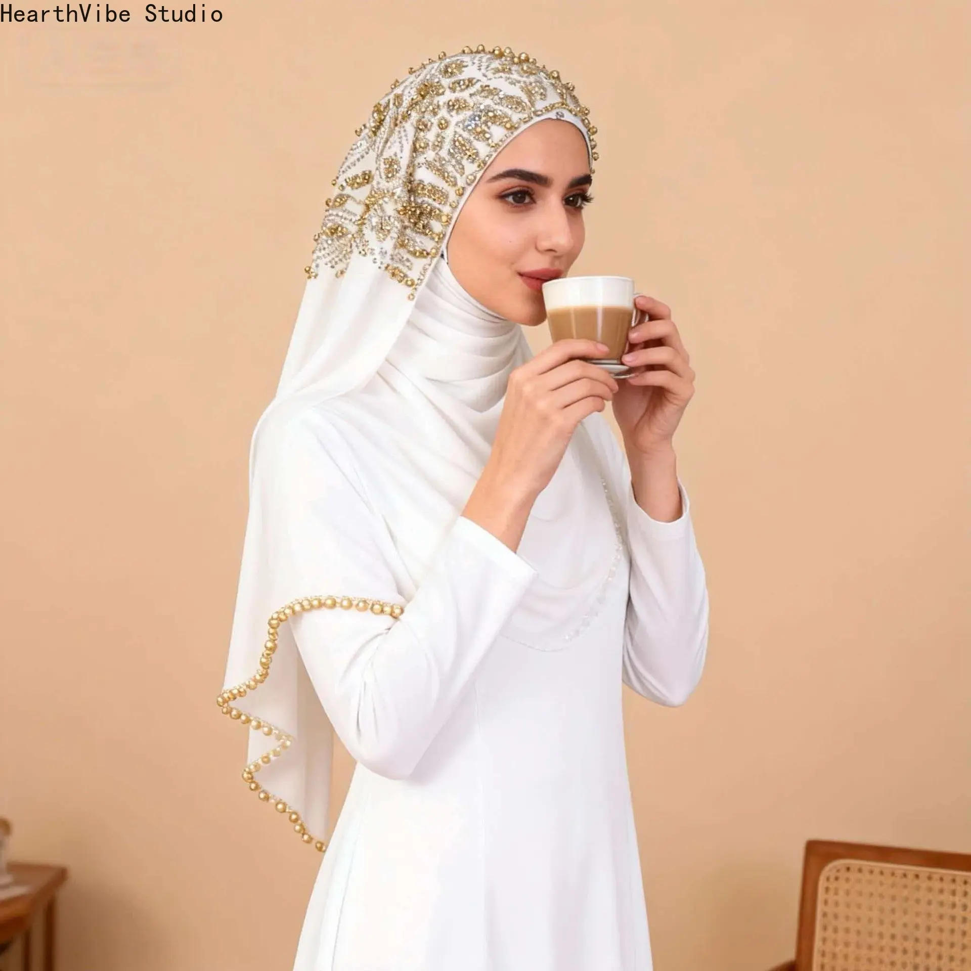 Plisse Chiffon Elegant Hijab Shawl with Gold Crystal & Pearl Embroidery for Women, Scarf for Wedding & Eid Party