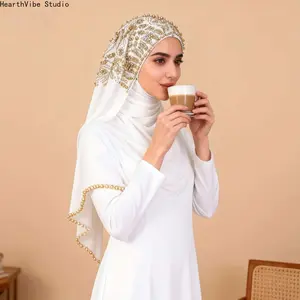 Luxury White Hijab with Gold Crystal & Pearl Embroidery, Premium Soft Breathable Chiffon Headscarf, Elegant Muslim Women Shawl for Wedding, Bridal & Eid Party