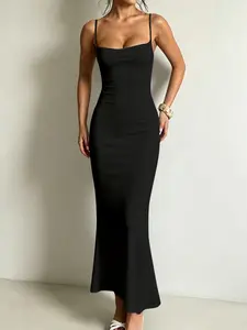 Elegant Women's Party Dress, Sexy Slim Fit Summer Sleeveless Spaghetti Strap Long Dress, Casual Fashion Backless Basic Versatile Square Neck, Elegant Formal Dress