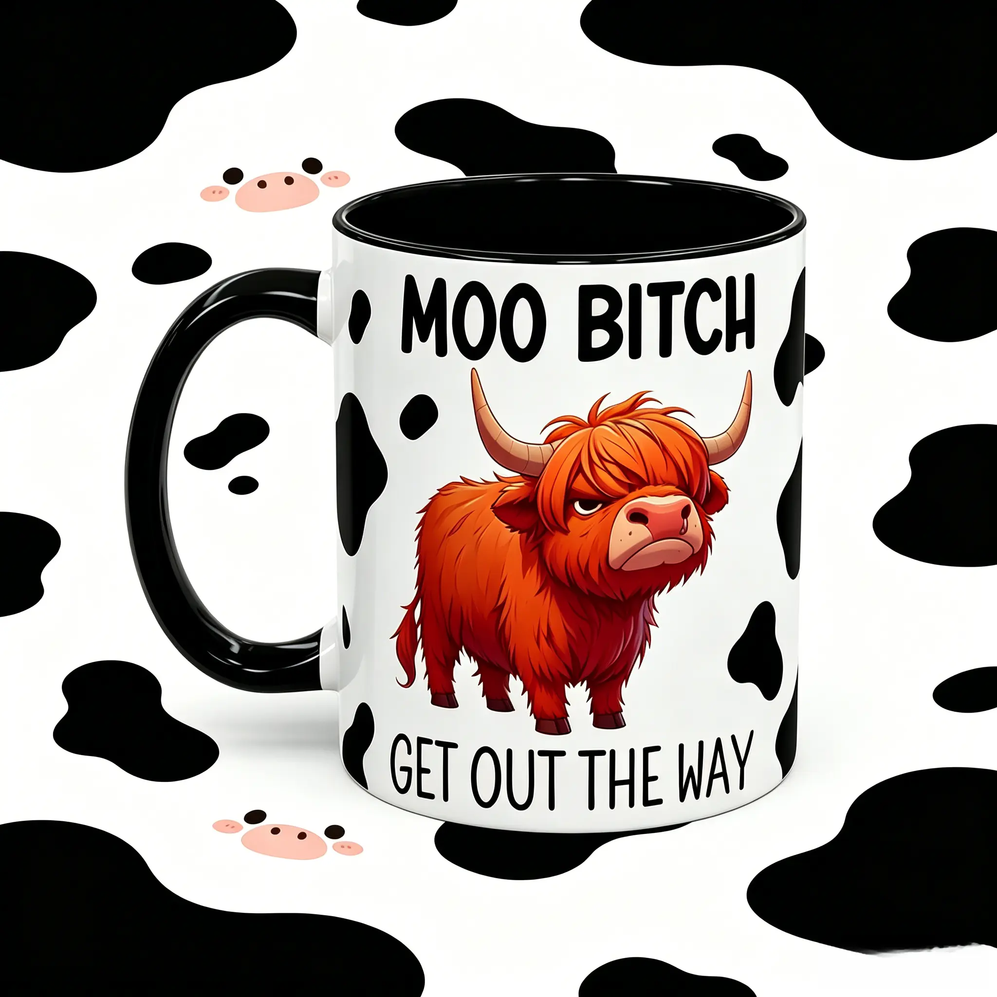 Funny Highland Cow Attitude Ceramic 11oz & 15oz Mug, Sassy Farm Animal Quote Print Coffee Cup, Black and White Cow Pattern Drinkware, Novelty Humorous Gift for Friends and Colleagues