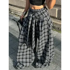 Women's checkered pants, casual loose fashionable streetwear, comfortable natural waist stretch pants, casual Bohemian pantsRAIMENTRY
