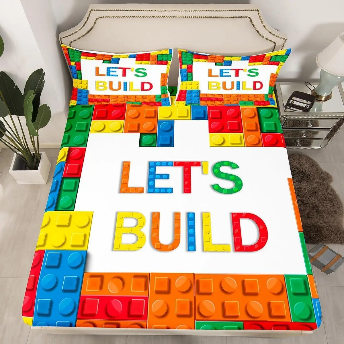 Building Block Print Fitted Sheet Kids Brick Styles Bedding Set for Boys Teens Colorful Bed Sheet Boys' Lover Bed Cover Room Decor