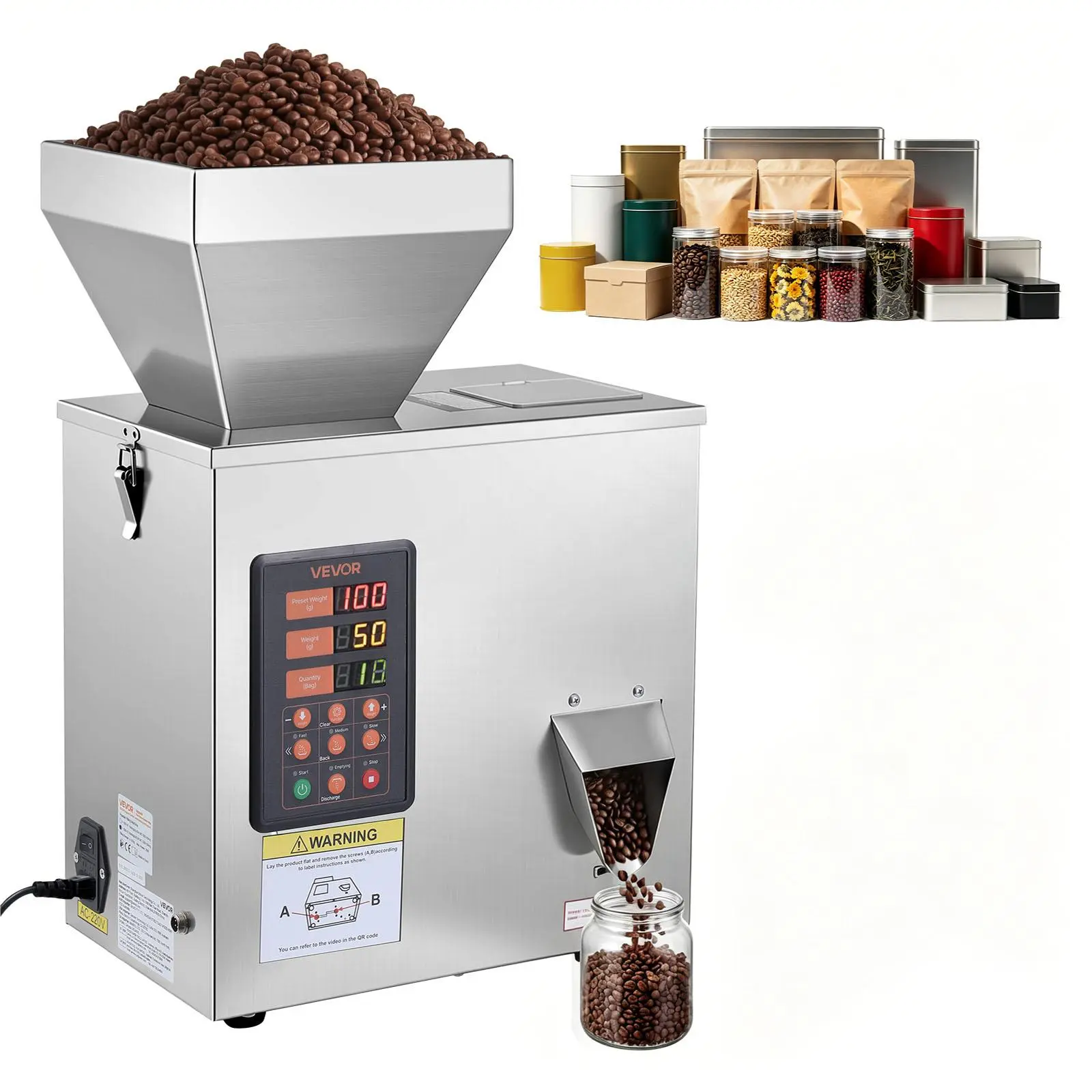 VEVOR Powder Filling Machine, 3-200g (0.01-0.44 lbs) Automatic Particle Dispenser, High Accuracy, Stainless Steel, Intelligent Weighing Dispensing Filler for Coffee Beans