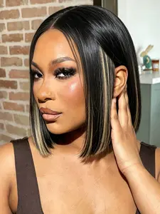Human Hair 4*4 Lace Closure Wig, 10 inch Mixed Color Straight Bob Wig, Pre-Plucked Lace Hairline, Double Drawn Bob Wig with Adjustable Cap for Women Daily and Casual Style