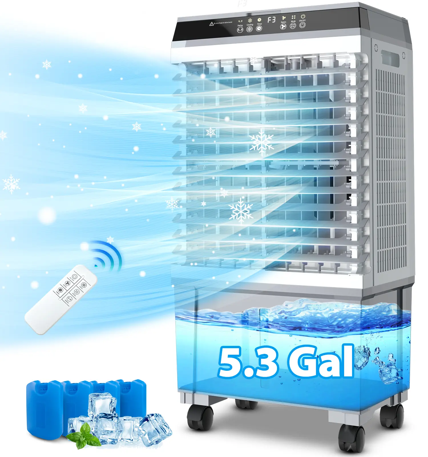 Portable Swamp Cooler - 3-in-1 Evaporative Cooling Strong Airflow Unit, 1800CFM, 5.3 Gal Water Tank, 4 Ice Packs, 110° Oscillation, 3 Speeds, Silent Mode, 12H Timer, Remote Control, UK Type for Medium Rooms Indoor Outdoor Use, Swamp Coolers, Stay Cool, Co