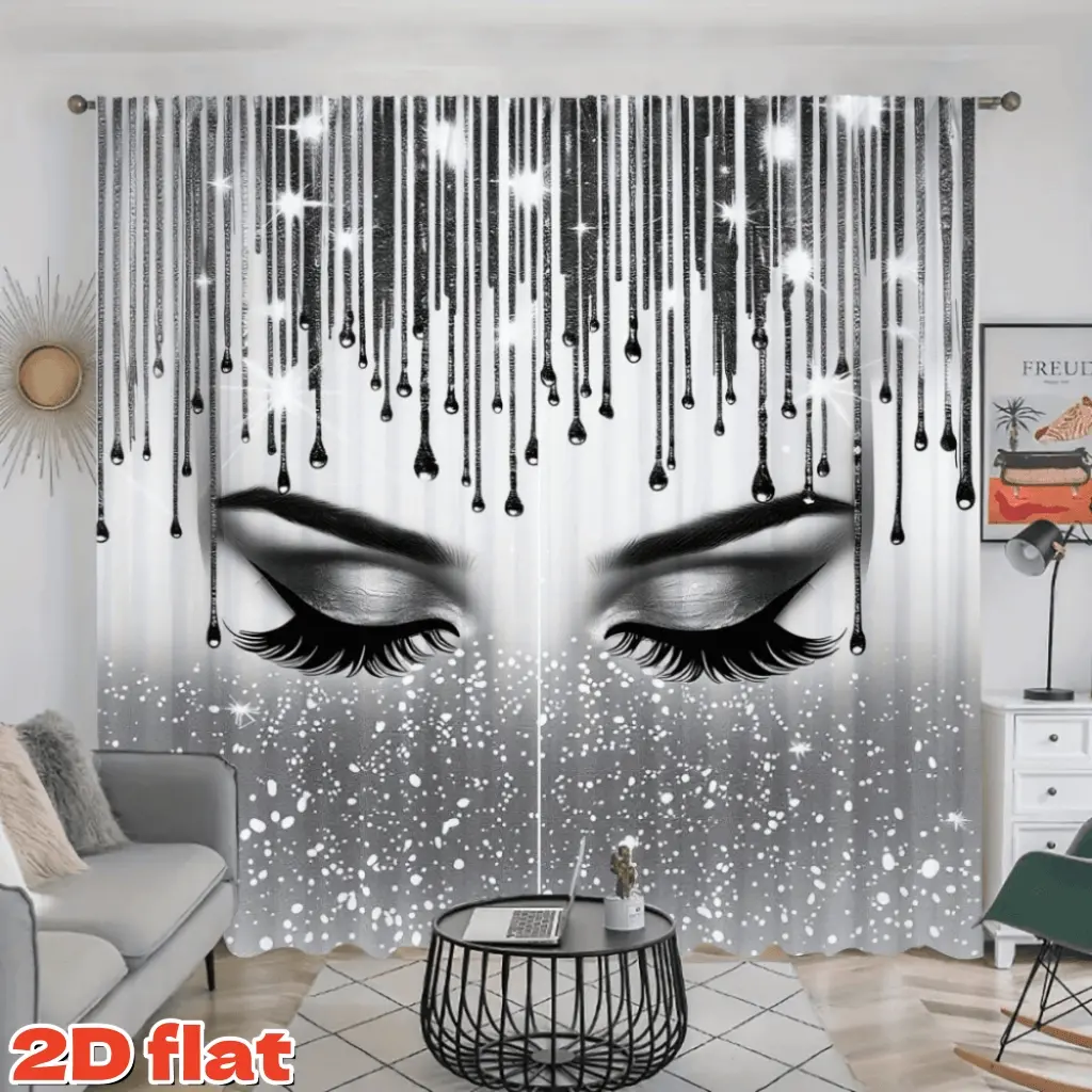 2D Flat 2Pcs Eyelashes Design Window Curtains, Art Style Curtains, Ready Made Curtains, Drip Makeup Print, Glitter Silver and Black, for Bedroom, Living Room, Apartment, House, Dorm, Party, Indoor Outdoor Use, Christmas gift decoration, anti privacy.