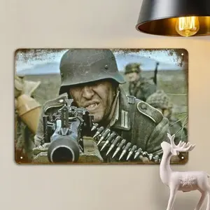 Aluminum Sign 2D Flat Single Piece German Soldier with MG42 Machine Gun Wall Decor for Living Room Bedroom Kitchen Home