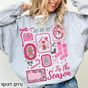 Pink Christmas Sweatshirt Tis The Season Xmas Sweater Cute Girly Holiday Womens Pullover Top, Candy Cane Bow Santa Tee Winter Crewneck, Holidays Shirt