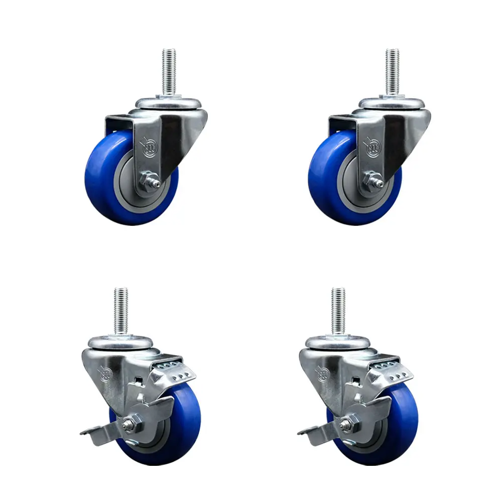 Service Caster SCC-TS20S314-PPUB-BLUE-58212-2-TLB-2 Non-Marring Polyurethane Swivel Threaded Stem Casters (Set of 4) - 3x1.25in Blue Wheels, 0.63in Stems, 2 Top Locking Brakes, Ball Bearings, 1200lbs Capacity for Material Handling, Shop Carts, 2 With Top