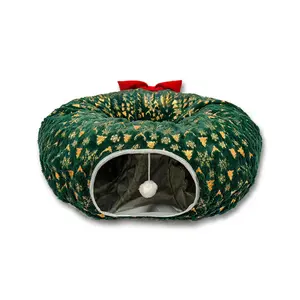 Comfort Green Cat Donut Tunnel for A Big Red Bow – Ultra-Soft Plush Velvet Cute Cat Tree Tunnel Skirt with Ball Toy