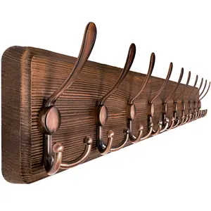 SKOLOO Coat Rack Wall Mounted - 38.6'' Long, Wooden, Heavy Duty, Rustic Coat Hooks for Wall, Wall Coat Rack with 10 Triple Hooks for Hanging Clothes, Jacket, Hat(Brown & Retro Red)