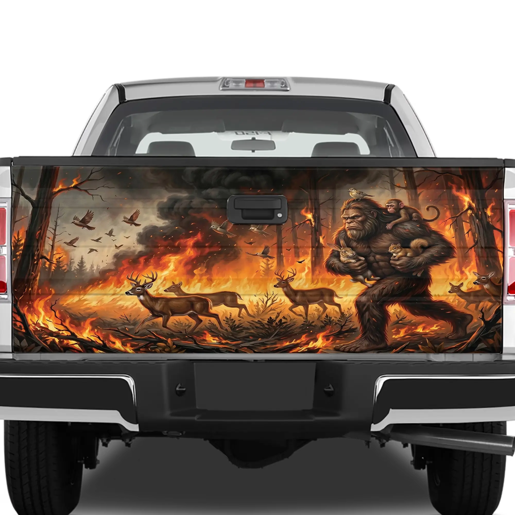 Bigfoot Woodland Rescue Tailgate Wrap – Sasquatch Forest Deer Truck Bed Decal Cover