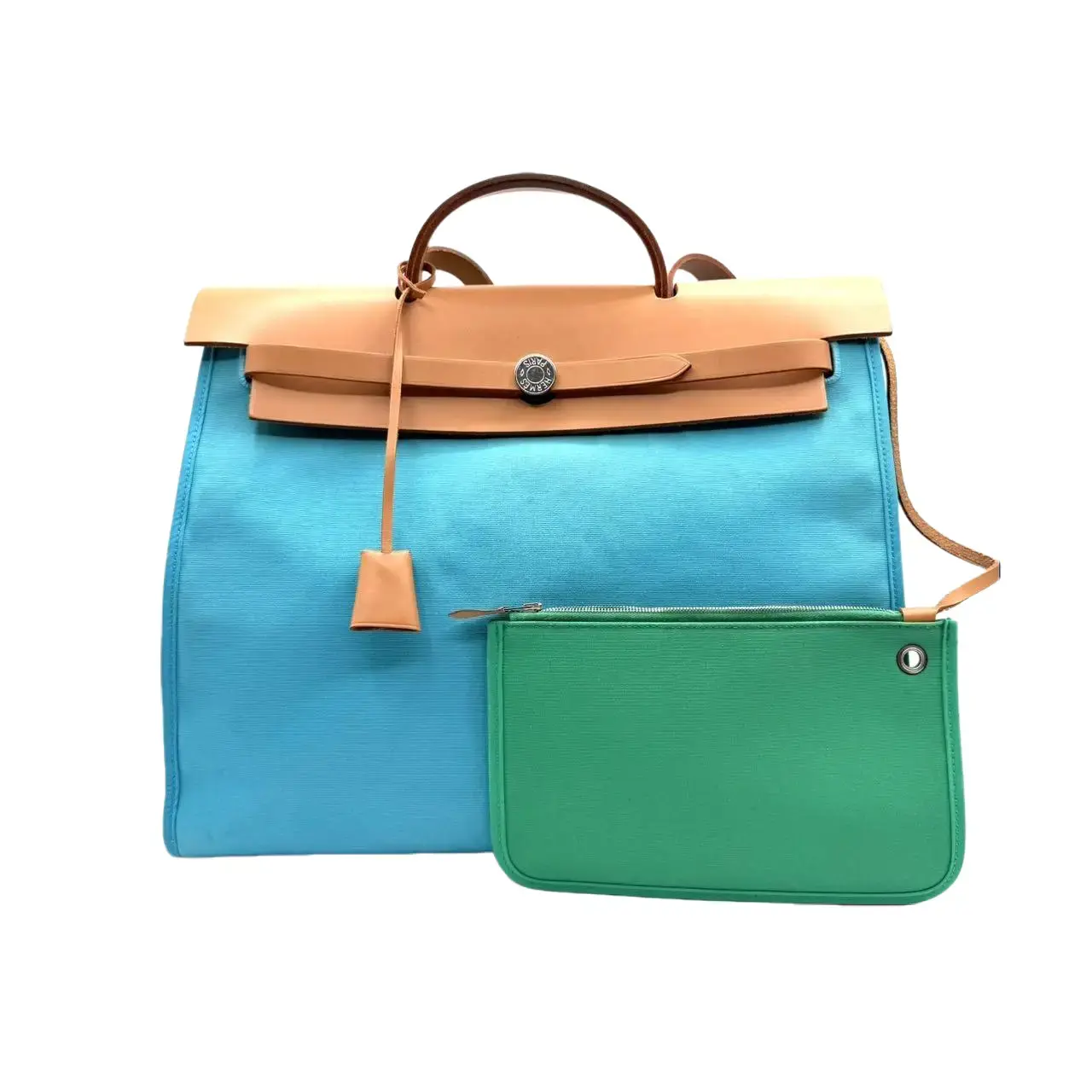 Pre-owned HERMÈS Leather Tote Bags CALUXB HERMES 2013 Vache Hunter Toile Herbag Zip 39 PM Bleu Azteque Menthe stamp：square Q