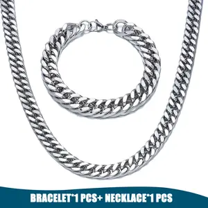 12mm Titanium Steel Cuban Bracelet and Necklace Set, Double Woven Men's Stainless Steel - Dominant Weaving with Polished and Hip-Hop Collarbone Chain