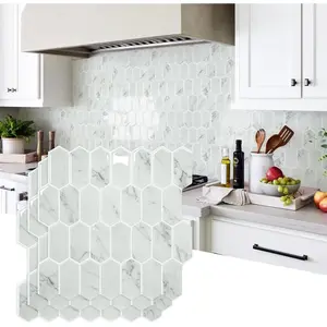 Upgraded Thicker Design Backsplash  Peel and Stick, 10-Sheet Grey Marble Long Hexagon Self Adhesive Wall s Stick On Backsplash for Kitchen Bathroom RV Fireplace