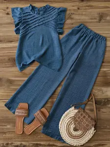 Louniche Women's Casual Blue Asymmetrical Ruched Decor Cap Sleeve Shirt With Ruffle Collar + Women's Casual Blue Elastic Waist Side Pockets Straight Leg Cropped Pants