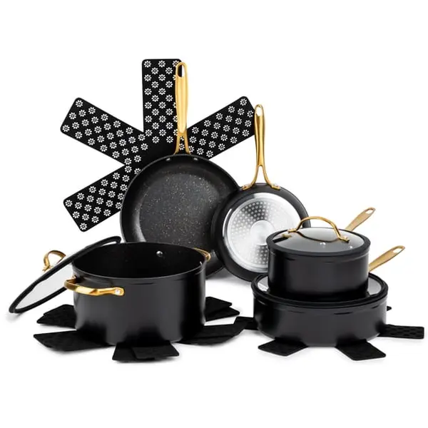 Thyme & Table 12-Piece Ceramic Non-Stick Cookware Set Signature Collection, Non-Toxic Pots and Pan Set Black & Gold