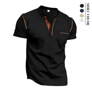 Men’s Summer Casual Short-Sleeve Polo Shirt with Henley Collar, Slim Fit, Pockets, Vintage Stitching, Muscle Style