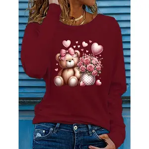 Women's Long Sleeve Top with Heart Print – All-Season Wear, Machine Washable, Regular Fit.Romantic Love Gift for Her, Perfect for Valentine's Day & Birthday.Versatile Basic T-Shirt for Casual Daily, Home & Outdoor Wear.