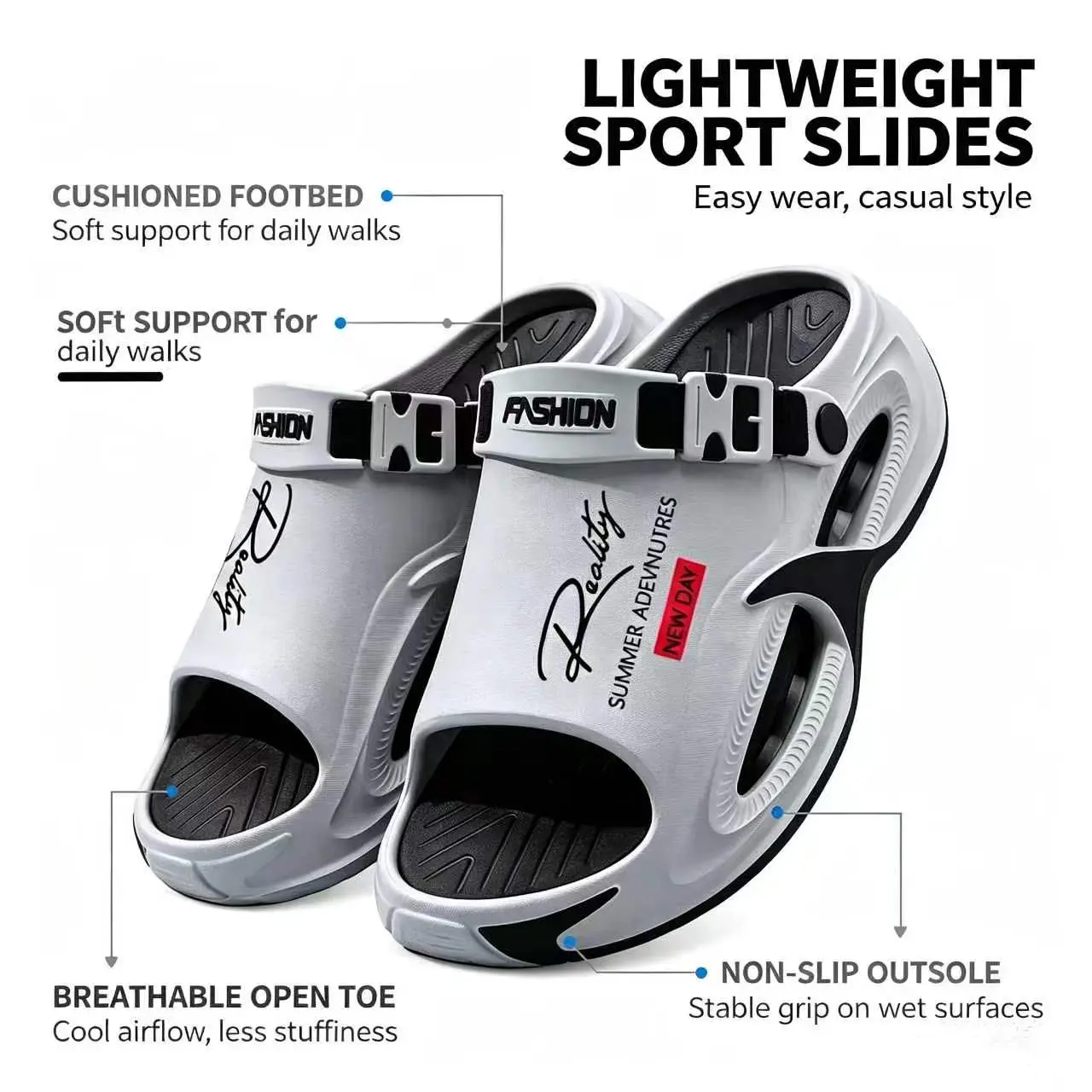 Men's 2-in-1 Thick-Sole Slides with Adjustable Strap, Non-Slip Cushioned Comfort Slippers for Wedding, Party, Preppy, Chic, Sweet Summer Indoor-Outdoor Use