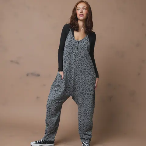 RAGS Women's Casual Armless All-in-One Overalls Tank Romper - Charcoal Leopard, Adjustable Straps, Zipper Closure, All In One Jumpsuits & Rompers
